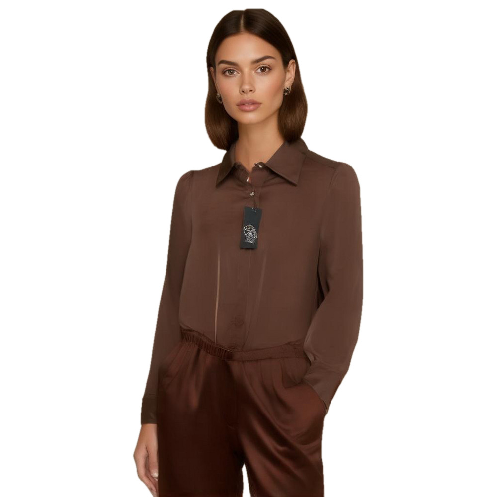 CHASER Women’s dark brown satin long sleeve button down slim leg jumpsuit NWT
